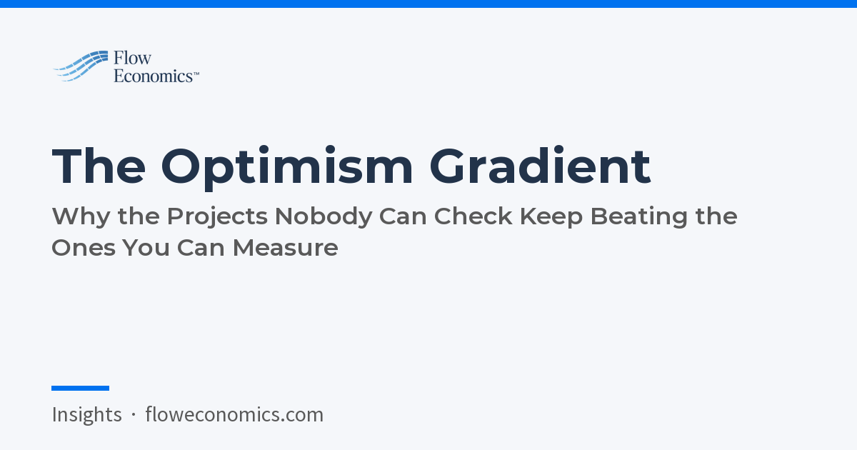 The Optimism Gradient: Why the Projects Nobody Can Check Keep Beating the Ones You Can Measure