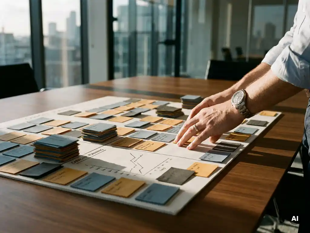 Hands hovering over a color-coded capacity planning board with unevenly stacked resource cards on a conference table in a London office.