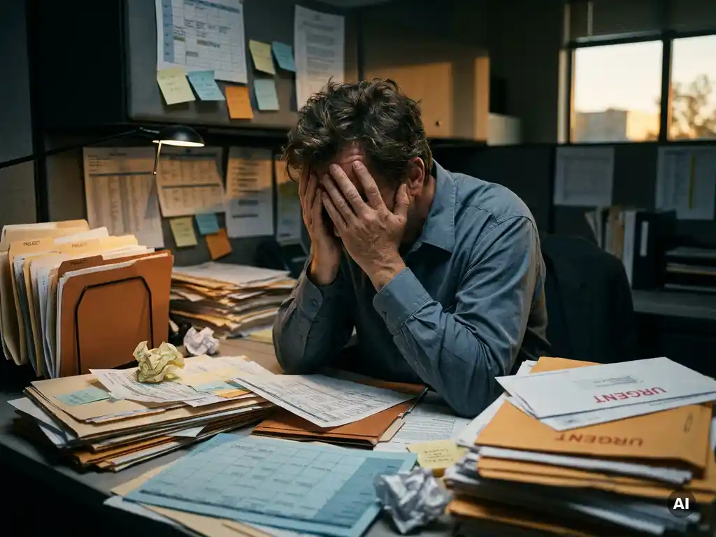Exhausted engineer slumped over a cluttered desk buried under stacked project folders, sticky notes, and overlapping schedules in dim office lighting.
