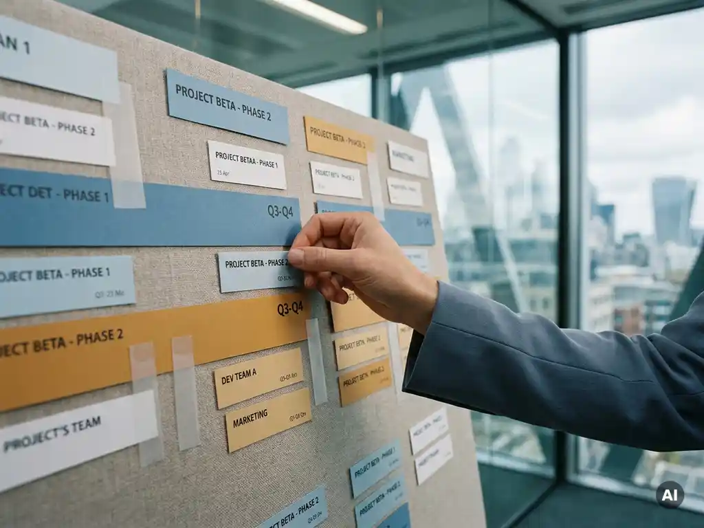 Consultant repositioning a resource allocation card on a color-coded portfolio planning board in a modern London office with floor-to-ceiling windows.