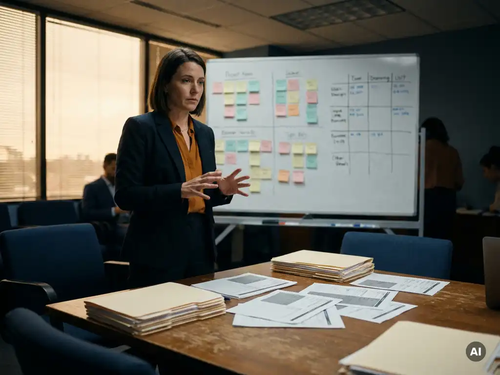 Project manager gesturing at a whiteboard covered in colored sticky notes and capacity planning grids, resource allocation sheets spread across a conference table.