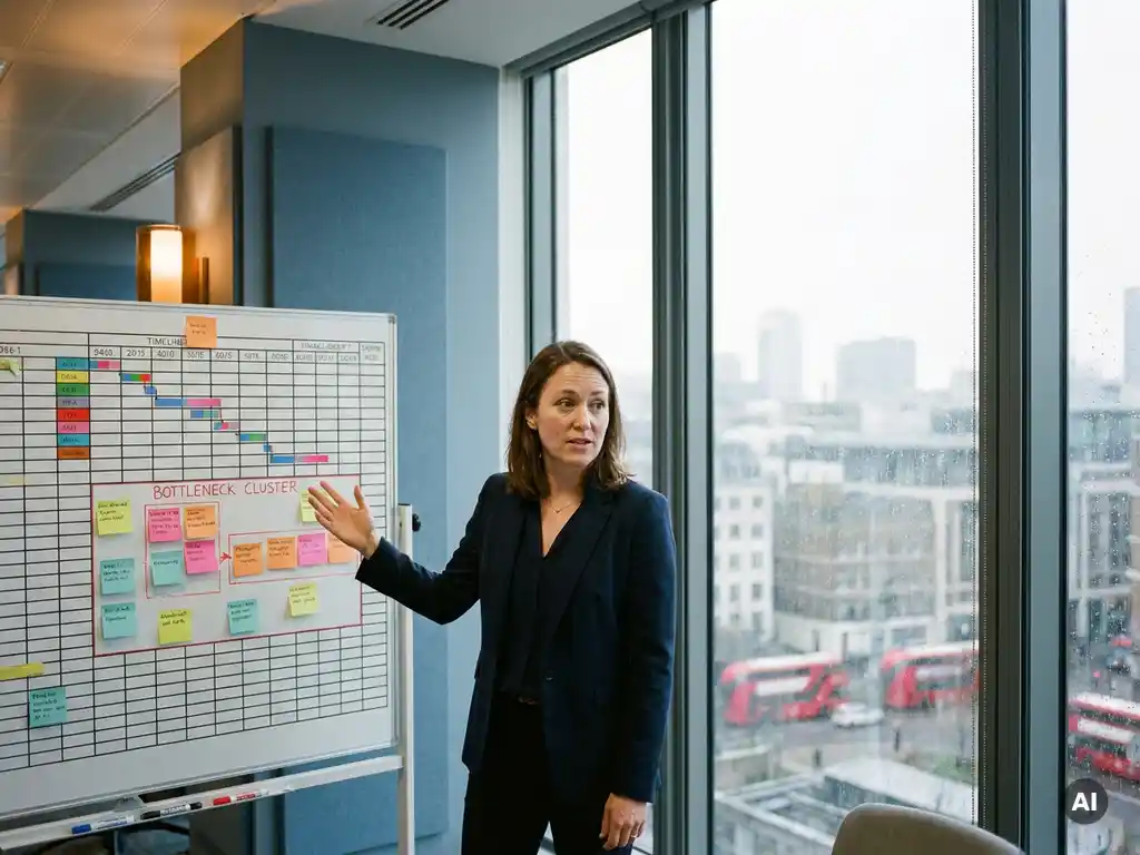 Project manager gesturing at color-coded resource allocation whiteboard with capacity timelines in a modern London consulting office.